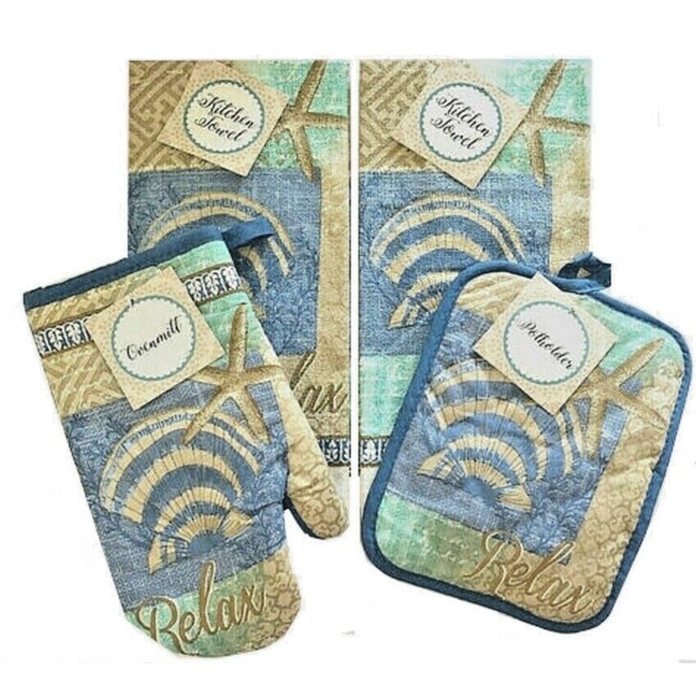 Shells Starfish Kitchen Dish Towels Oven Mitt Potholder Set of 4 Beach Summer